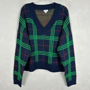 Crown & Ivy size XXL v-neck knit sweater navy green plaid soft plushy